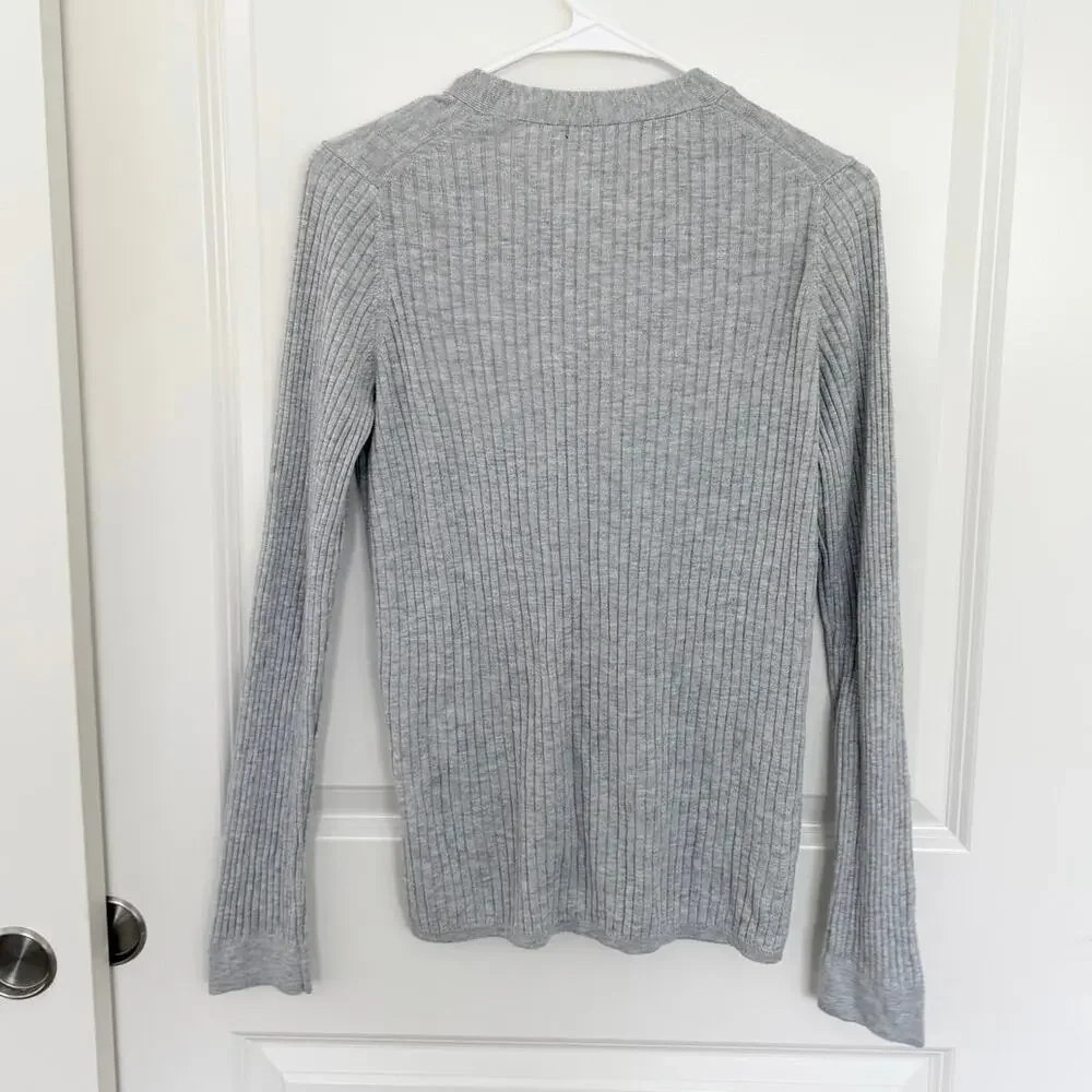 VINCE Skinny Ribbed Button Front Cashmere Blend Preppy Cardigan Gray Large